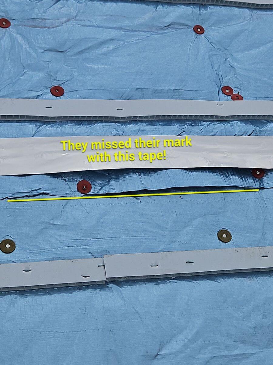 A photo showing that foil tape on a roof underlayment completely missed the seam it was supposed to cover.