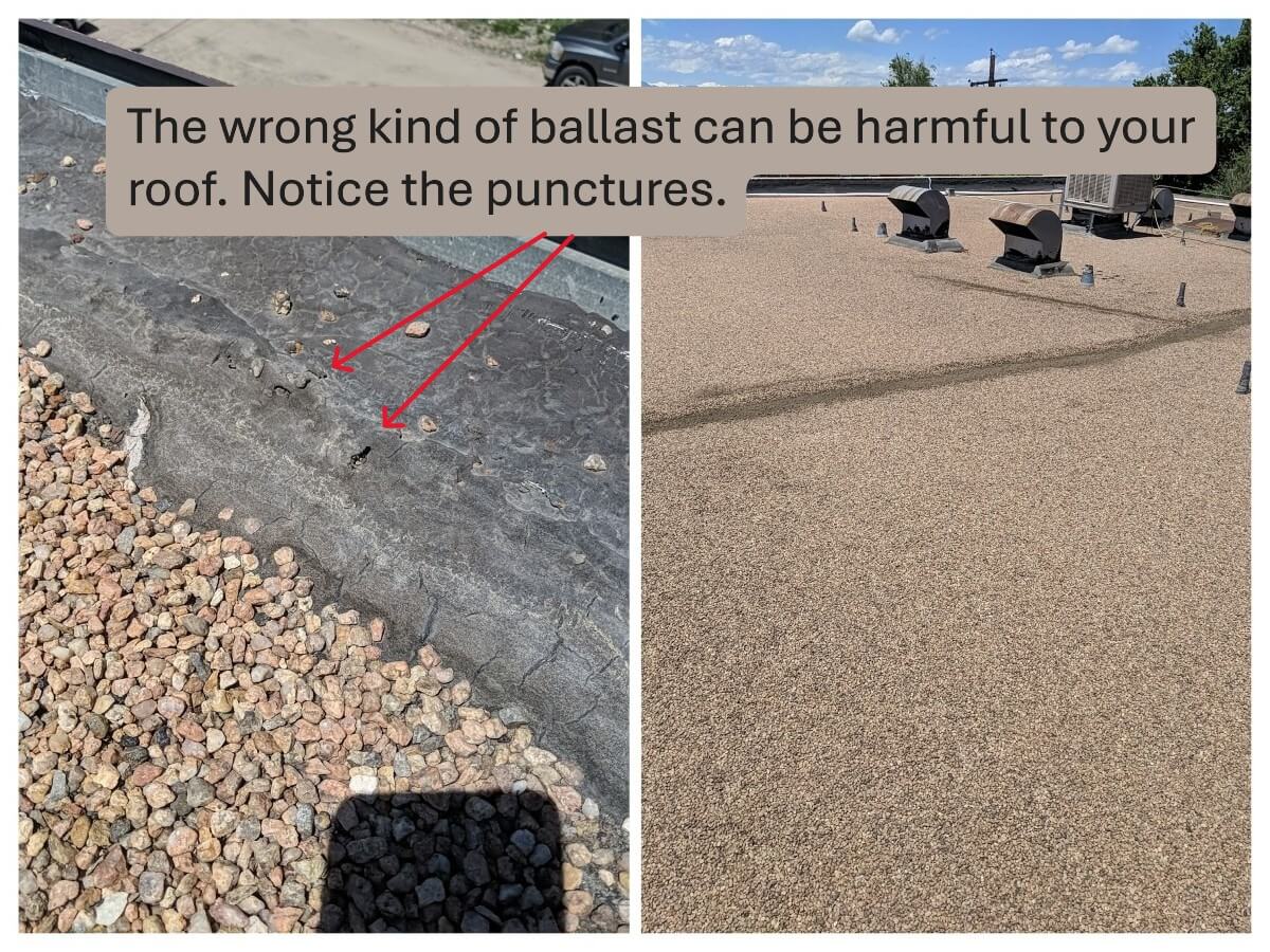 EPDM rubber roof showing punctures caused by improper rock ballast.