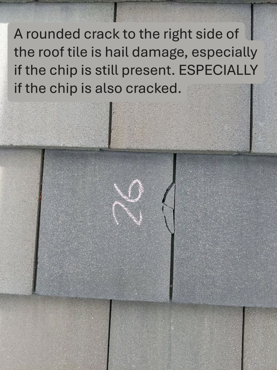 Thin vertical crack next to a rounded hail crack on a concrete tile.