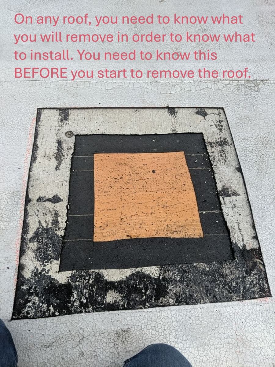 A core sample cut from a flat roof to determine the number of existing layers.