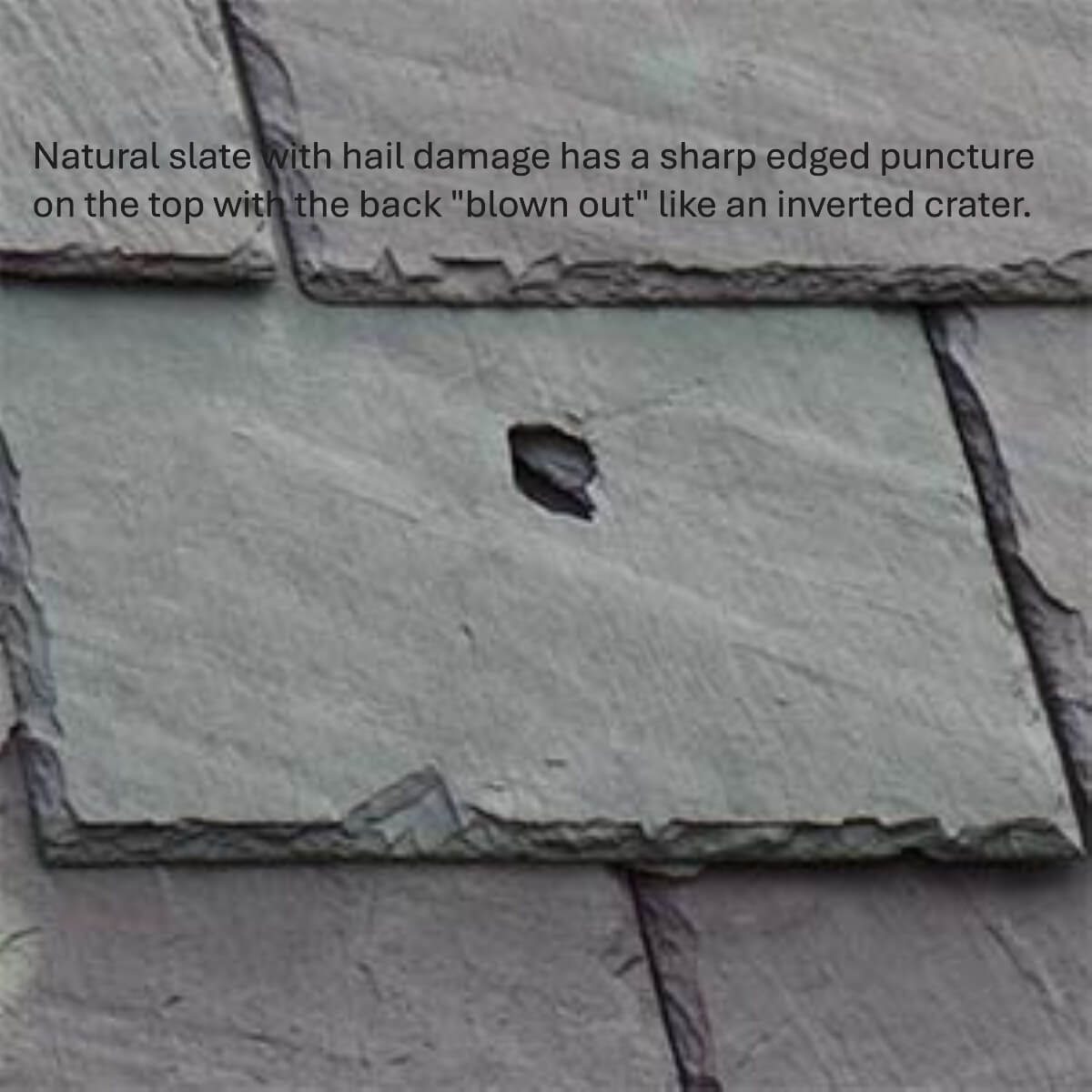 Close-up of a sharp-edged puncture from hail on a natural slate tile.