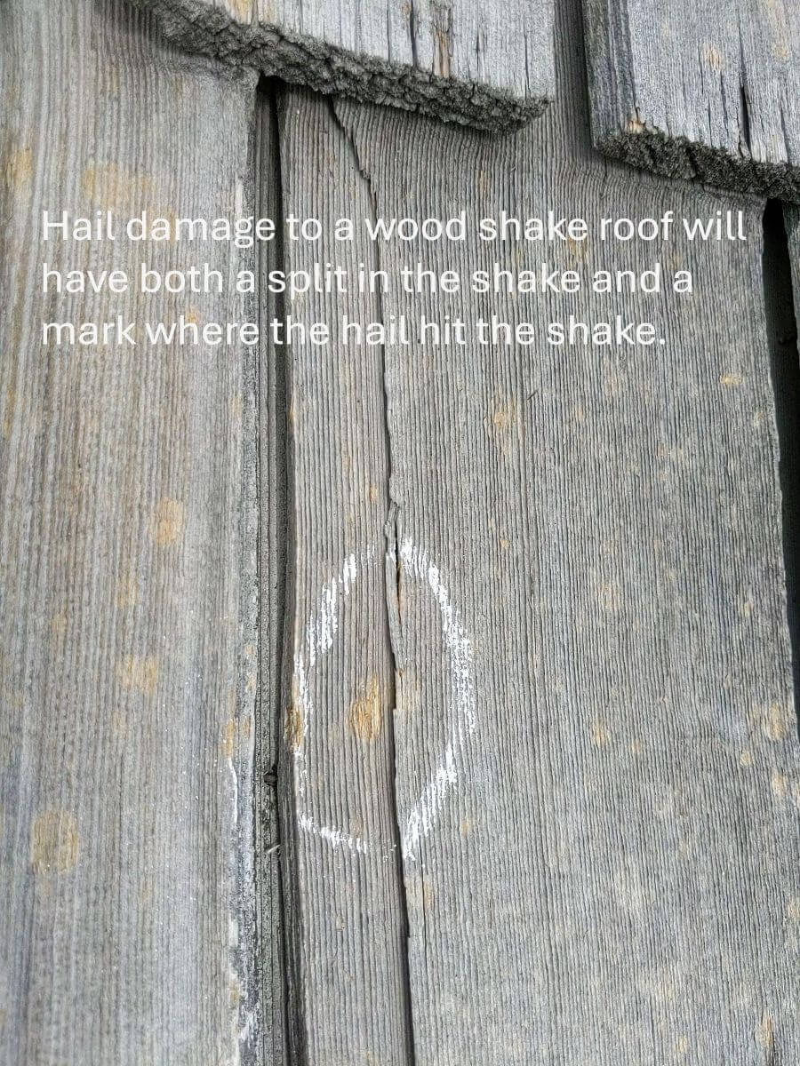 A hand indicating a 'hit and split' hail impact on a wood shake.