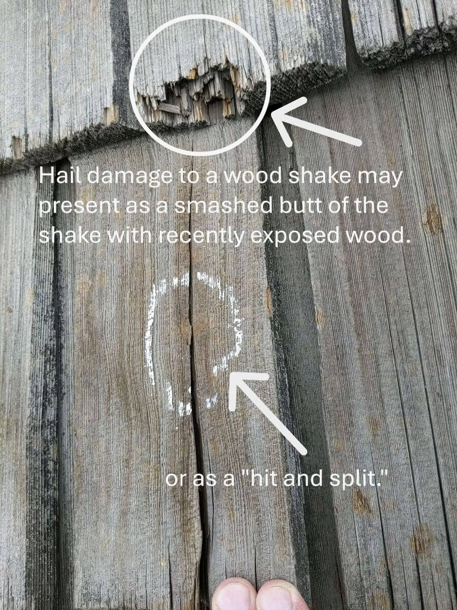 A chalk circle highlighting a 'hit and split' on a wood shake from hail.